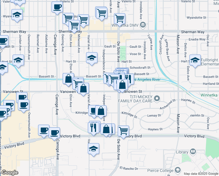 map of restaurants, bars, coffee shops, grocery stores, and more near 20935 Vanowen Street in Los Angeles
