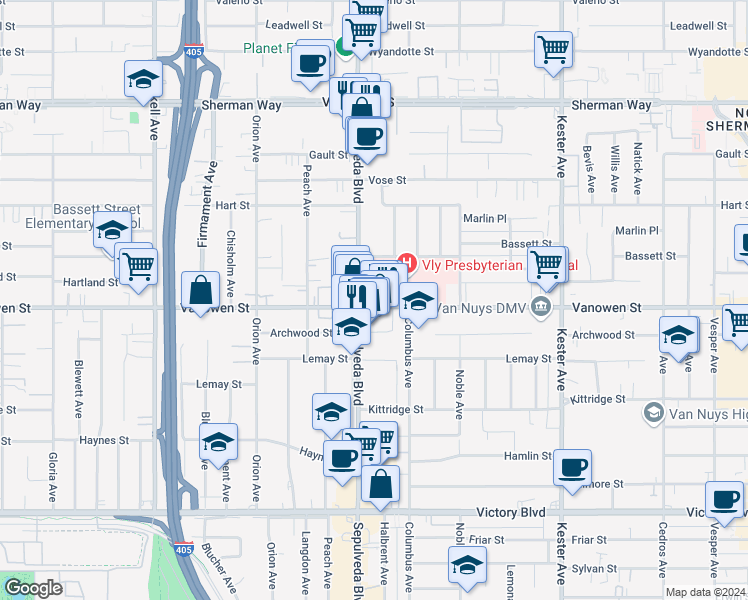 map of restaurants, bars, coffee shops, grocery stores, and more near 15243 Vanowen Street in Los Angeles
