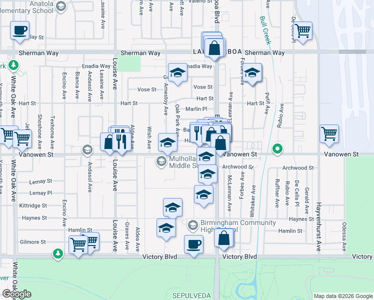 map of restaurants, bars, coffee shops, grocery stores, and more near 17013 Vanowen Street in Los Angeles