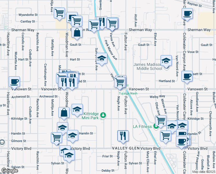 map of restaurants, bars, coffee shops, grocery stores, and more near 13417 Vanowen Street in Los Angeles
