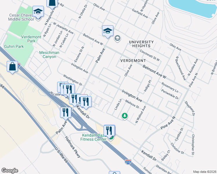 map of restaurants, bars, coffee shops, grocery stores, and more near 6194 North Patricia Court in San Bernardino