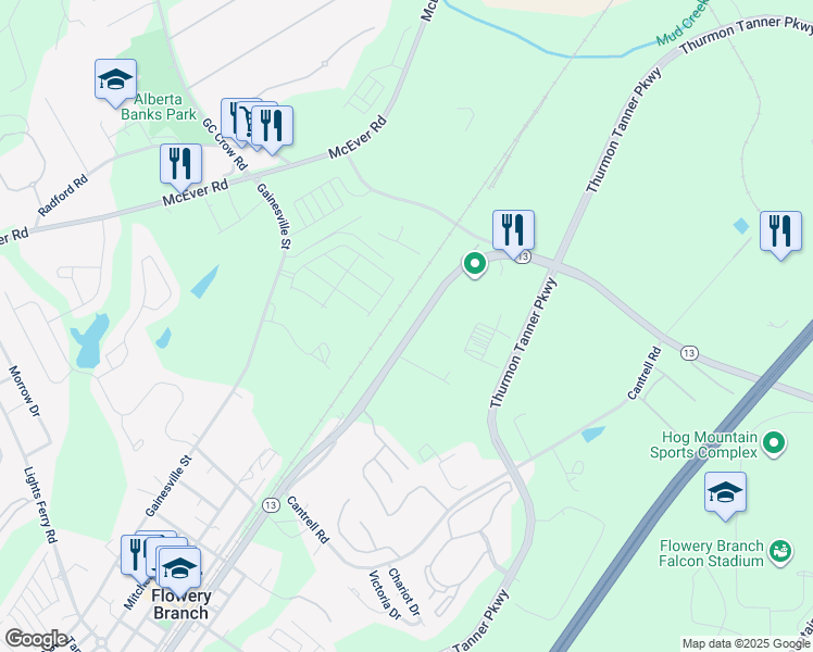 map of restaurants, bars, coffee shops, grocery stores, and more near 4664 Atlanta Highway in Flowery Branch
