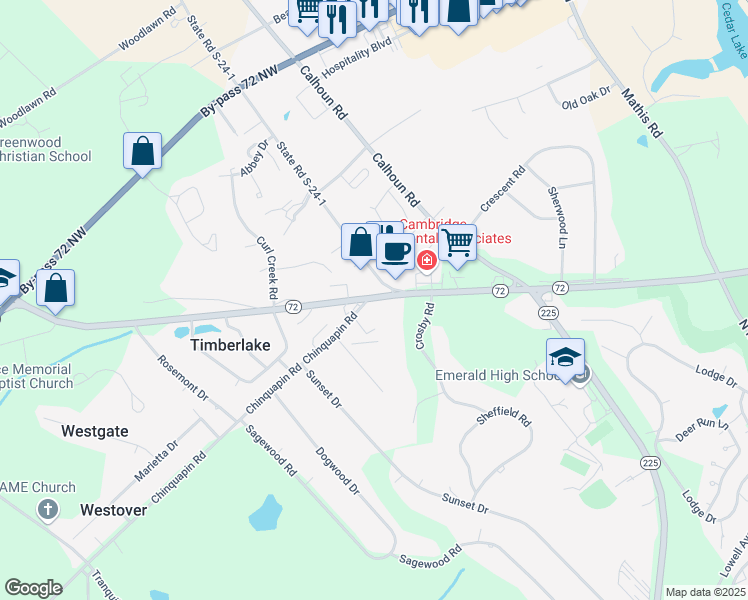 map of restaurants, bars, coffee shops, grocery stores, and more near 1407 South Carolina 72 Business in Greenwood
