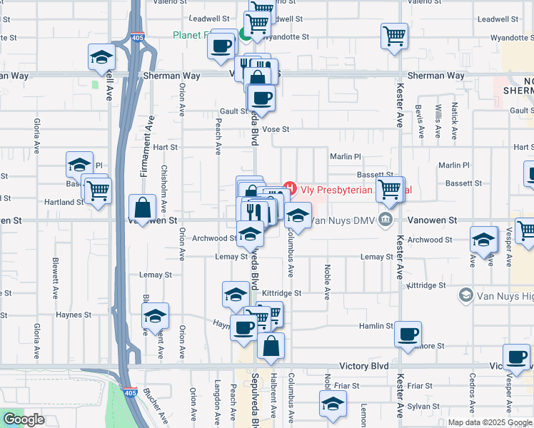 map of restaurants, bars, coffee shops, grocery stores, and more near 15243 Vanowen Street in Los Angeles