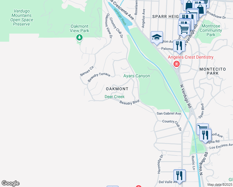 map of restaurants, bars, coffee shops, grocery stores, and more near 3128 Glencrest Drive in Glendale
