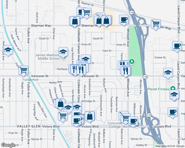 map of restaurants, bars, coffee shops, grocery stores, and more near 12755 Vanowen Street in Los Angeles