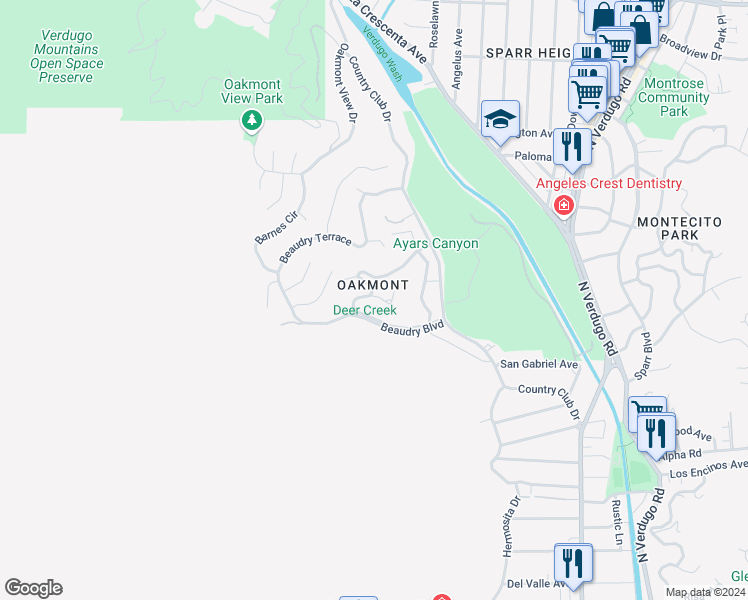 map of restaurants, bars, coffee shops, grocery stores, and more near 3128 Glencrest Drive in Glendale