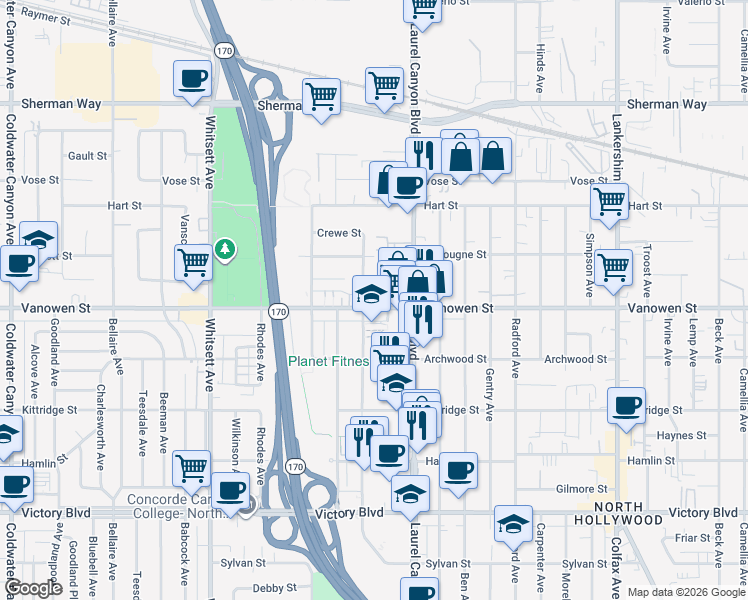 map of restaurants, bars, coffee shops, grocery stores, and more near 12155 Vanowen Street in Los Angeles