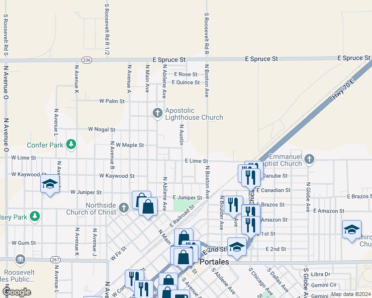 map of restaurants, bars, coffee shops, grocery stores, and more near 1321 North Boston Avenue in Portales
