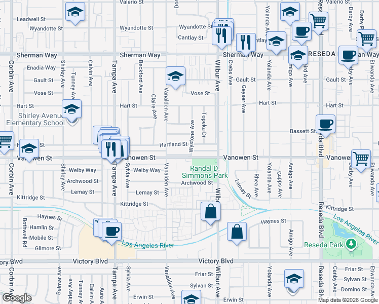 map of restaurants, bars, coffee shops, grocery stores, and more near 19001 Vanowen Street in Los Angeles