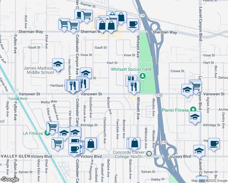 map of restaurants, bars, coffee shops, grocery stores, and more near 12641 Vanowen Street in Los Angeles