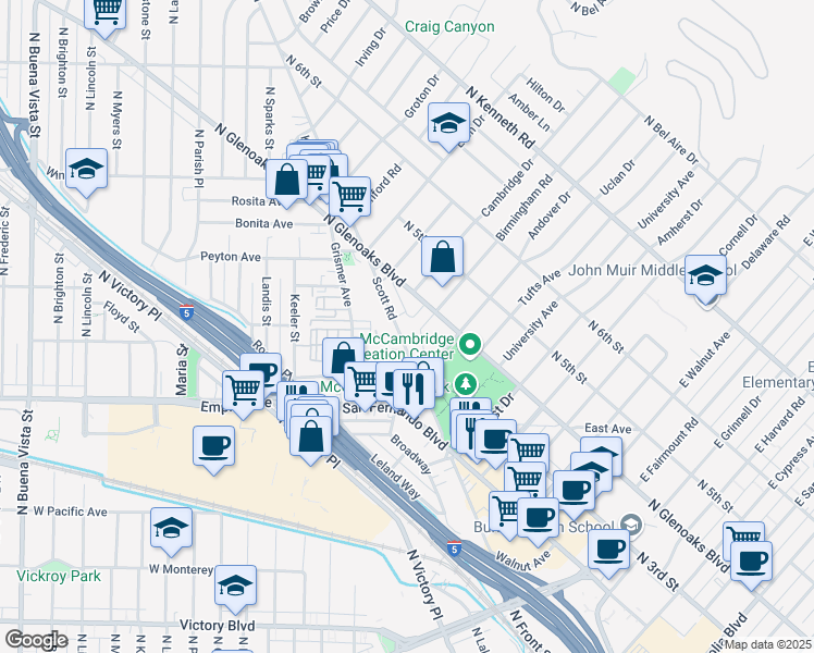map of restaurants, bars, coffee shops, grocery stores, and more near 1720 Scott Road in Burbank
