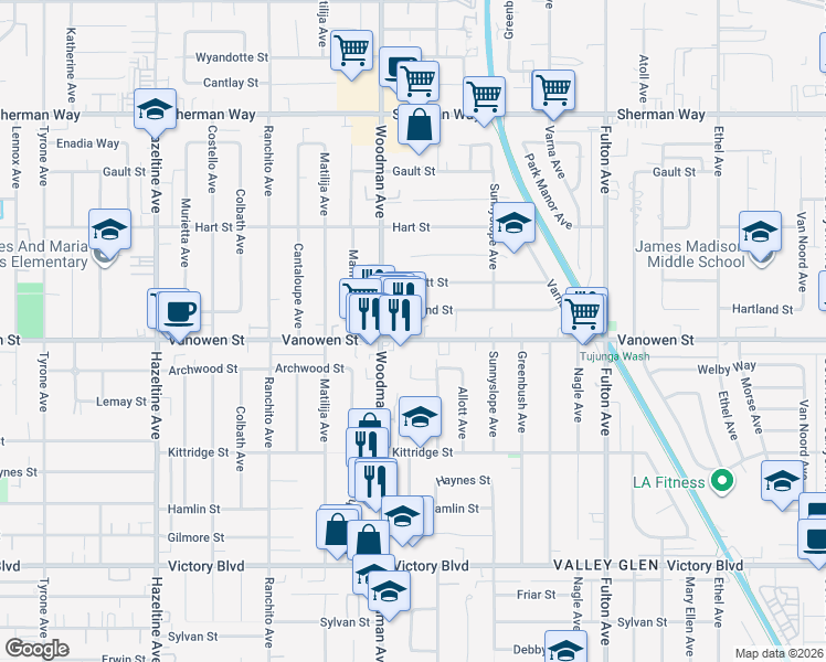 map of restaurants, bars, coffee shops, grocery stores, and more near 13616 Vanowen Street in Los Angeles