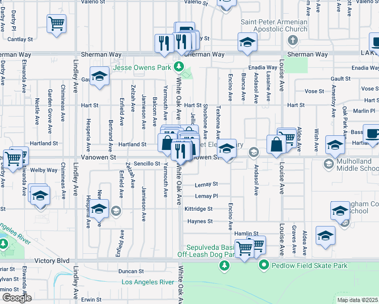 map of restaurants, bars, coffee shops, grocery stores, and more near 17654 Vanowen Street in Los Angeles