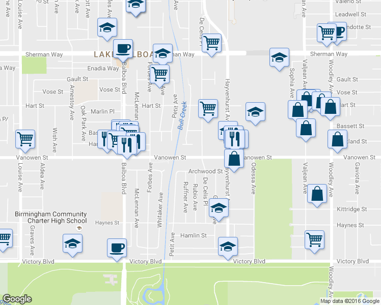 map of restaurants, bars, coffee shops, grocery stores, and more near 16629 Vanowen Street in Los Angeles