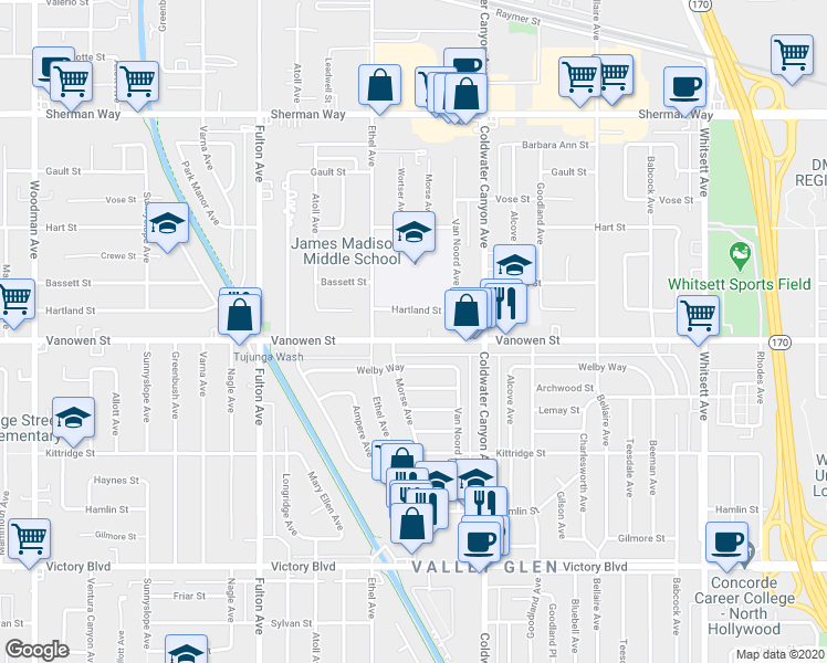 map of restaurants, bars, coffee shops, grocery stores, and more near 13015 Vanowen Street in Los Angeles