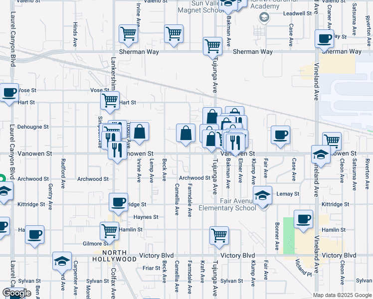 map of restaurants, bars, coffee shops, grocery stores, and more near 11471 Vanowen Street in Los Angeles