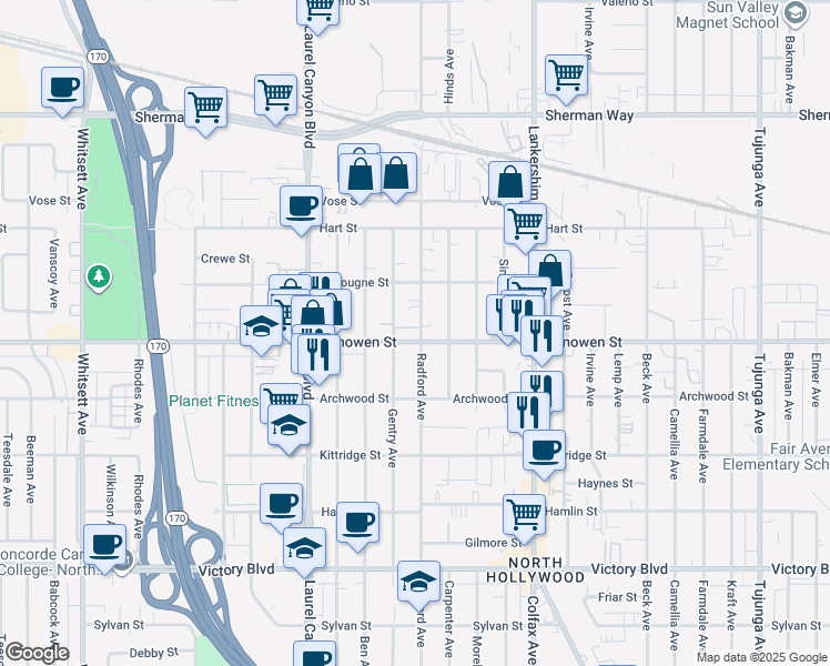 map of restaurants, bars, coffee shops, grocery stores, and more near 11903 Vanowen Street in Los Angeles