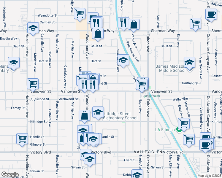 map of restaurants, bars, coffee shops, grocery stores, and more near 13540 Vanowen Street in Los Angeles