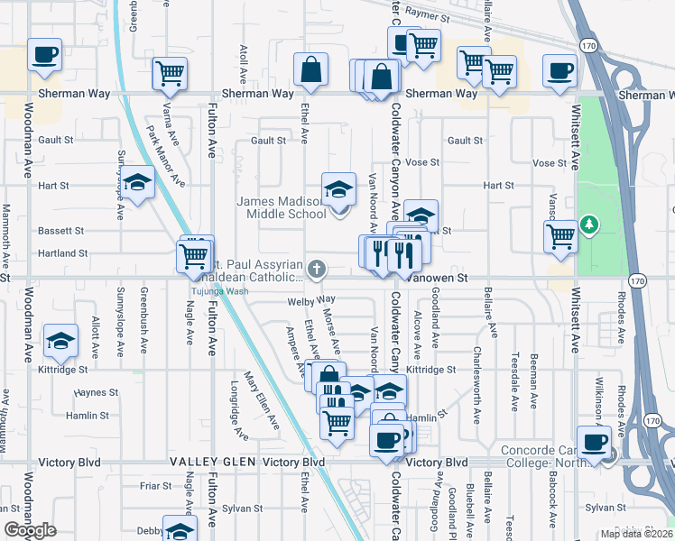 map of restaurants, bars, coffee shops, grocery stores, and more near 13015 Vanowen Street in Los Angeles