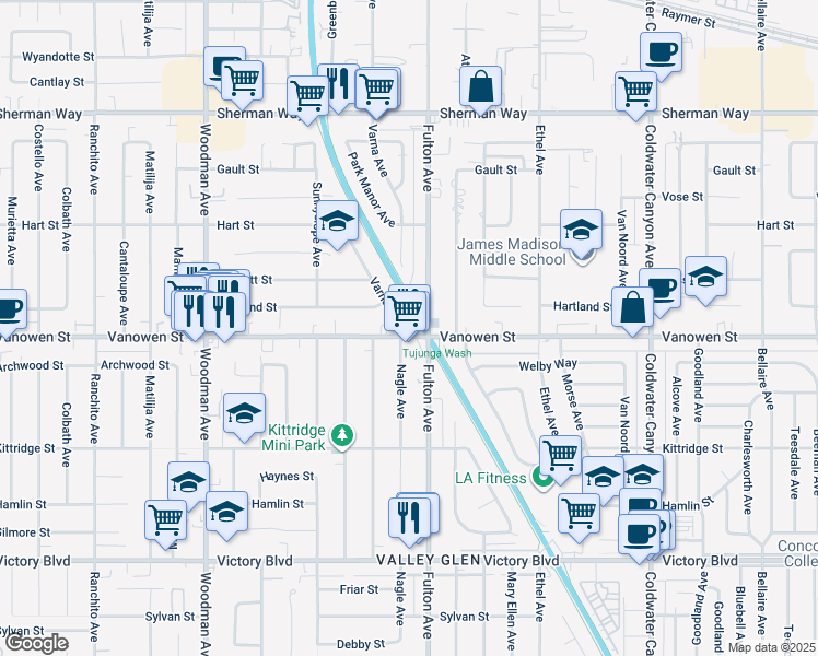 map of restaurants, bars, coffee shops, grocery stores, and more near 6800 Varna Avenue in Los Angeles
