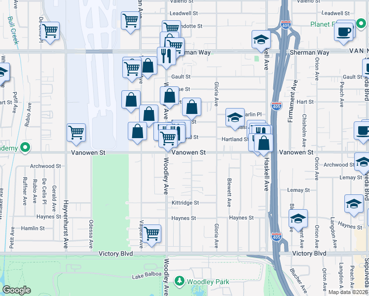map of restaurants, bars, coffee shops, grocery stores, and more near 16023 Vanowen Street in Van Nuys