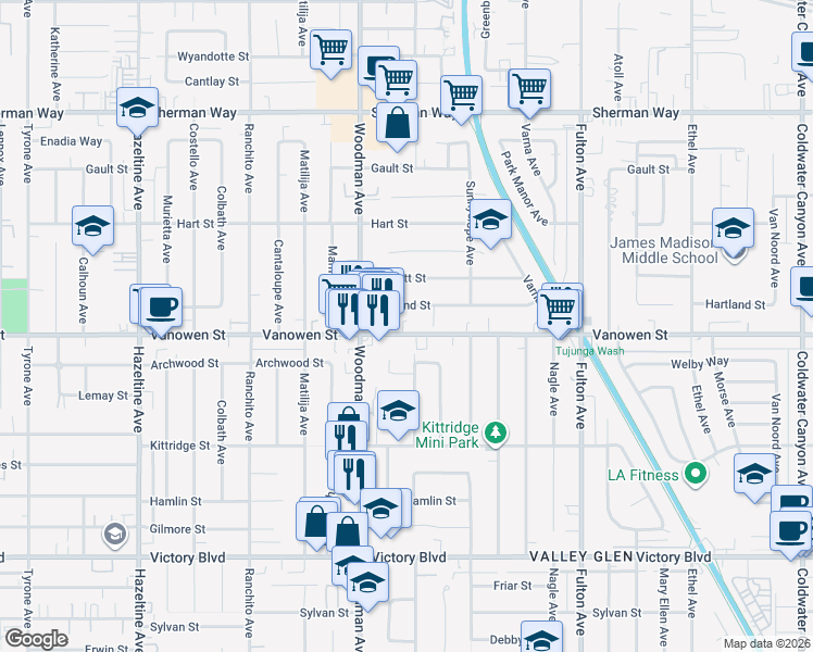 map of restaurants, bars, coffee shops, grocery stores, and more near 13616 Vanowen Street in Los Angeles