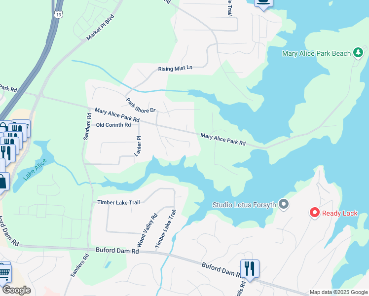 map of restaurants, bars, coffee shops, grocery stores, and more near 1270 Buford Dam Way in Cumming