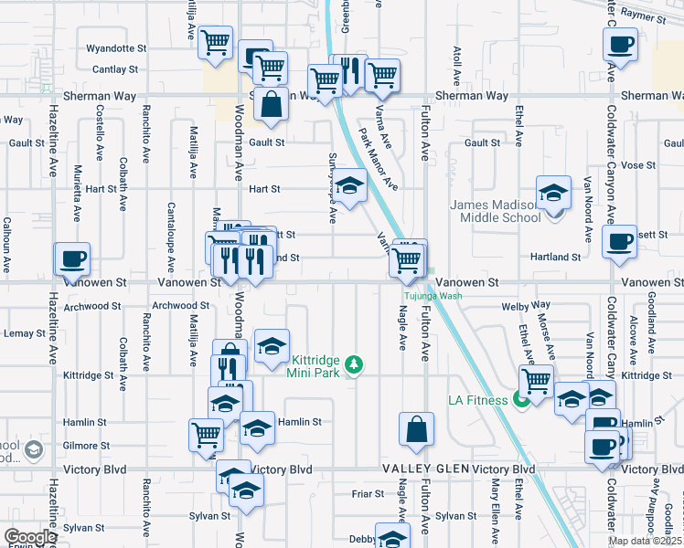 map of restaurants, bars, coffee shops, grocery stores, and more near 13457 Vanowen Street in Los Angeles