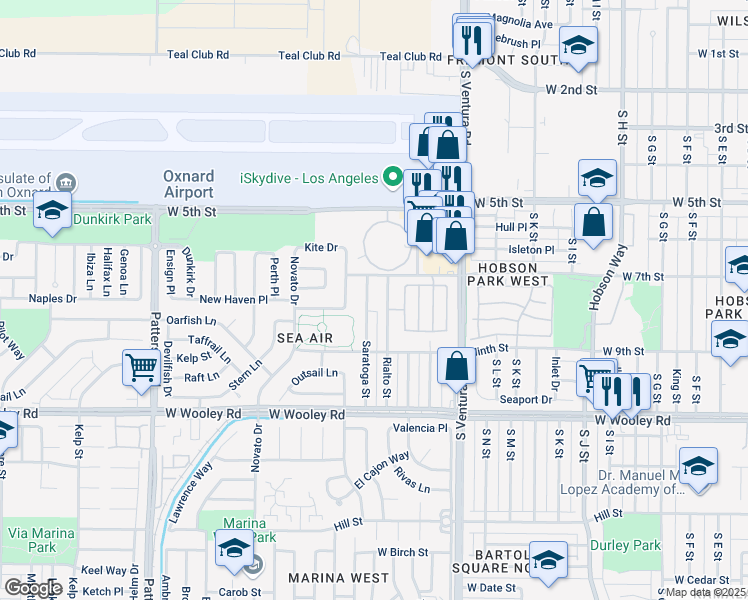 map of restaurants, bars, coffee shops, grocery stores, and more near 744 Saratoga Street in Oxnard