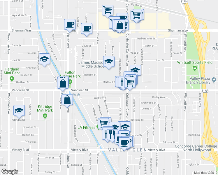map of restaurants, bars, coffee shops, grocery stores, and more near 13015 Vanowen Street in Los Angeles
