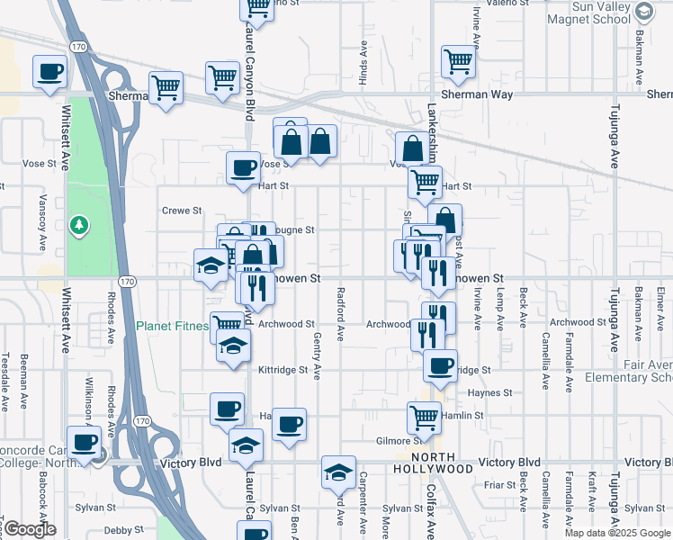 map of restaurants, bars, coffee shops, grocery stores, and more near 11903 Vanowen Street in Los Angeles