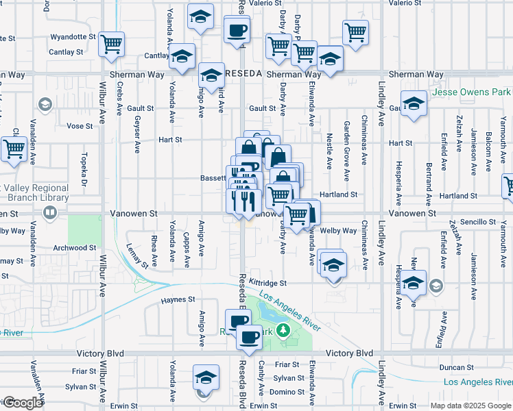 map of restaurants, bars, coffee shops, grocery stores, and more near 18415 Vanowen Street in Los Angeles