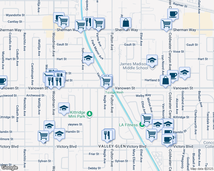 map of restaurants, bars, coffee shops, grocery stores, and more near 6800 Varna Avenue in Los Angeles