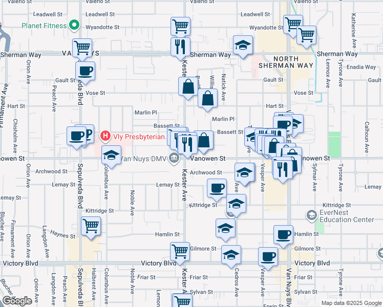 map of restaurants, bars, coffee shops, grocery stores, and more near 14849 Vanowen Street in Los Angeles