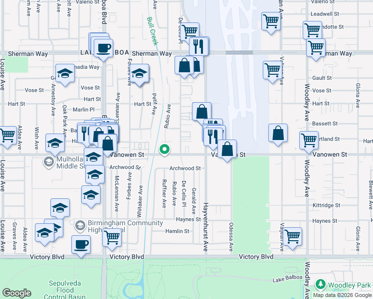map of restaurants, bars, coffee shops, grocery stores, and more near 16547 Vanowen Street in Los Angeles