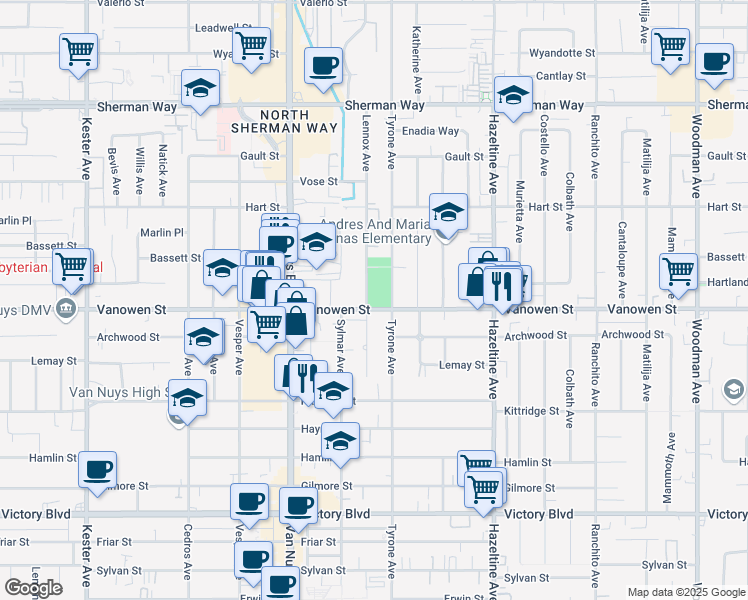 map of restaurants, bars, coffee shops, grocery stores, and more near 14307 Vanowen Street in Los Angeles