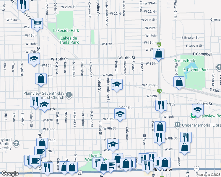 map of restaurants, bars, coffee shops, grocery stores, and more near 900 West 12th Street in Plainview