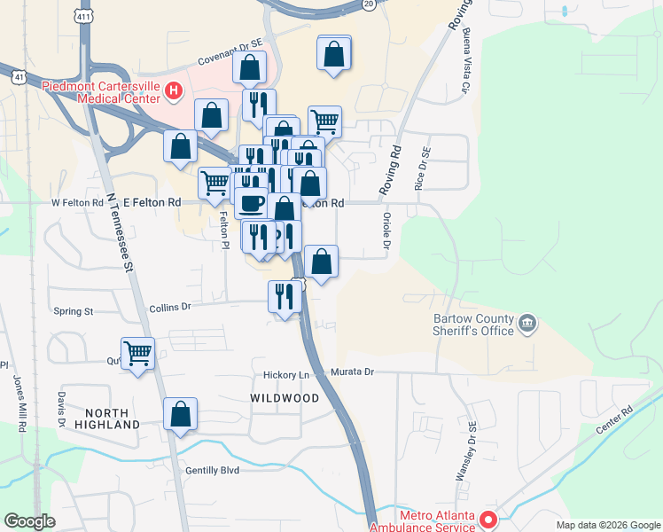 map of restaurants, bars, coffee shops, grocery stores, and more near 9 Latimer Road in Cartersville