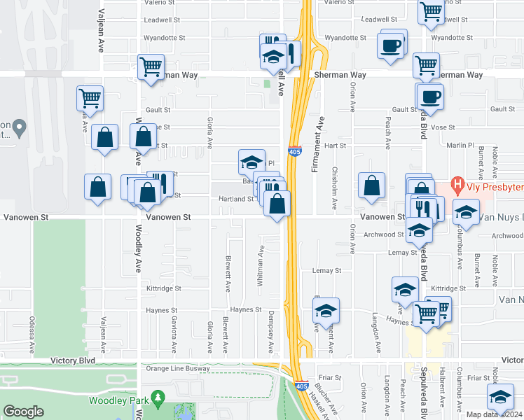 map of restaurants, bars, coffee shops, grocery stores, and more near 15733 Vanowen Street in Los Angeles