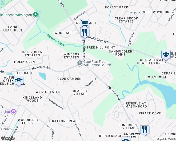 map of restaurants, bars, coffee shops, grocery stores, and more near 102 Dron Place in Wilmington