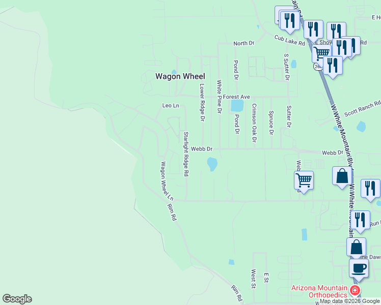 map of restaurants, bars, coffee shops, grocery stores, and more near 5921 Starlight Ridge Road in Navajo County