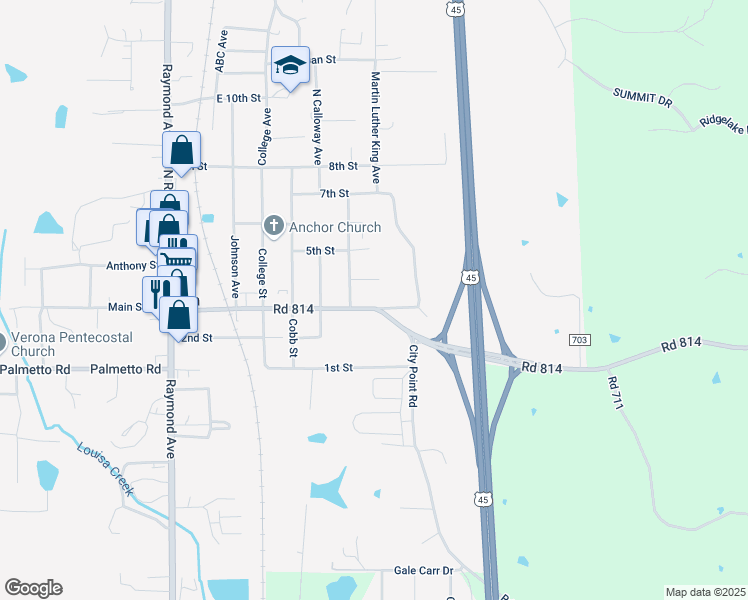 map of restaurants, bars, coffee shops, grocery stores, and more near 250 East Main Street in Tupelo