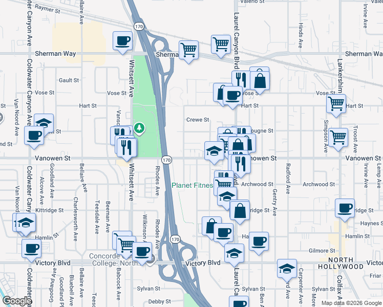 map of restaurants, bars, coffee shops, grocery stores, and more near 12243 Vanowen Street in North Hollywood