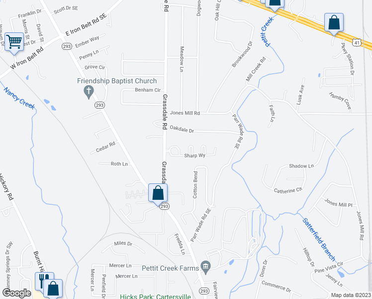 map of restaurants, bars, coffee shops, grocery stores, and more near 38 Luwanda Trail in Cartersville