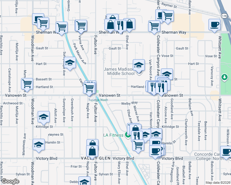 map of restaurants, bars, coffee shops, grocery stores, and more near 13147 Vanowen Street in Los Angeles