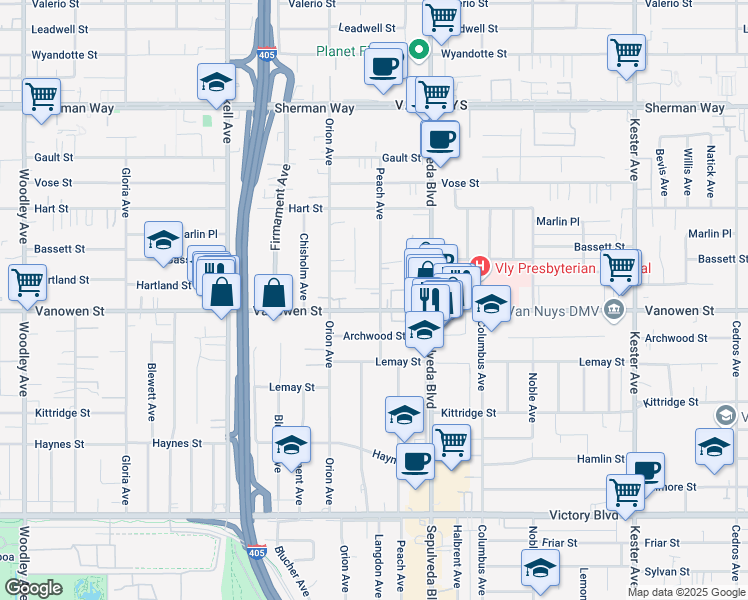 map of restaurants, bars, coffee shops, grocery stores, and more near 15405 Vanowen Street in Los Angeles