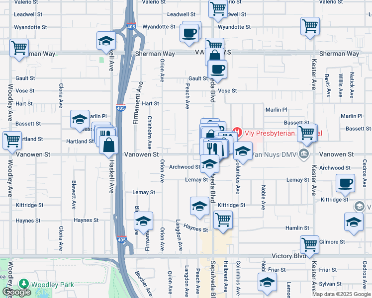 map of restaurants, bars, coffee shops, grocery stores, and more near 15405 Vanowen Street in Los Angeles