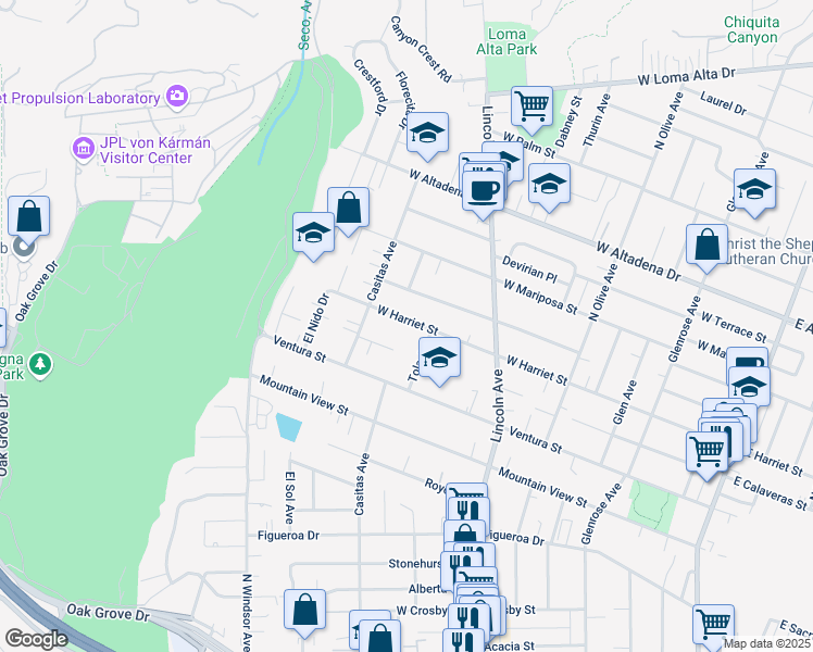 map of restaurants, bars, coffee shops, grocery stores, and more near 669 West Calaveras Street in Altadena