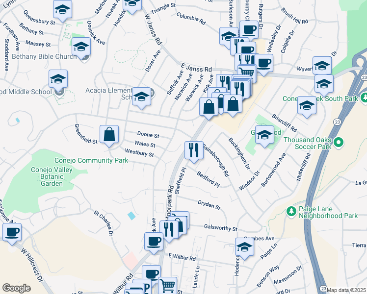 map of restaurants, bars, coffee shops, grocery stores, and more near 35 North Moorpark Road in Thousand Oaks